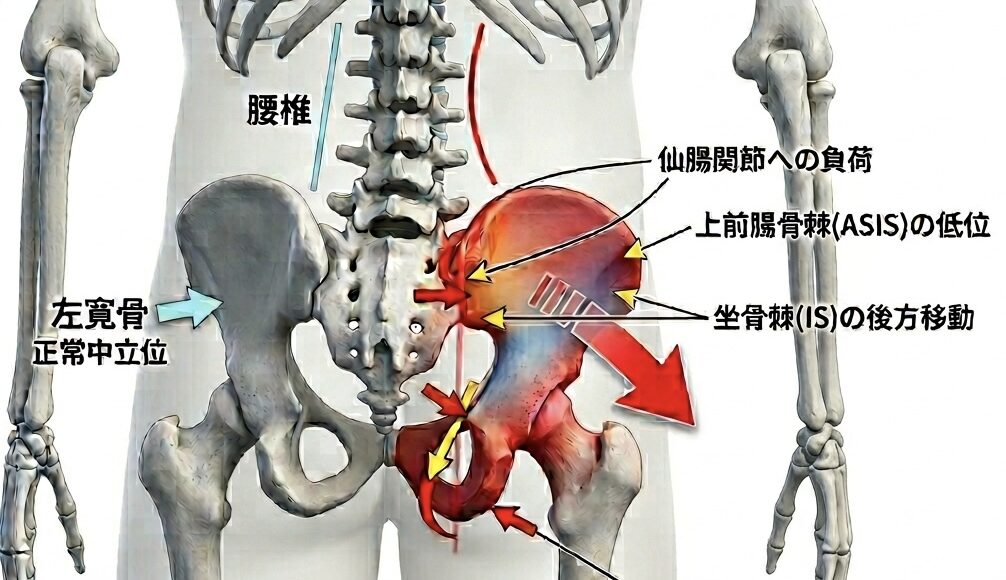 右腸骨の前方回旋のイメージ図