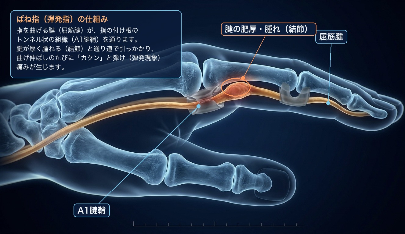 ばね指の病態:肥厚した屈筋腱がA1腱鞘で引っかかる仕組みのイメージ図