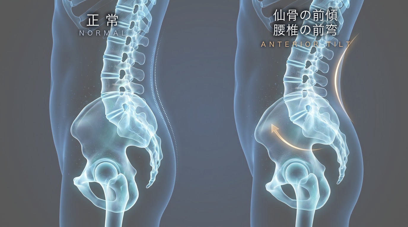 正常と仙骨前傾・腰椎前弯を左右で比較した骨盤と腰椎のイメージ